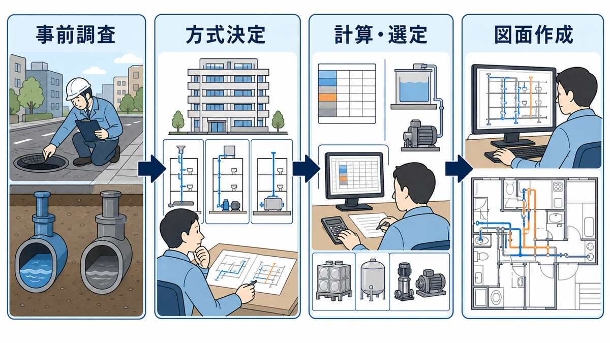 給排水衛生設備の設計を現地調査から実施設計まで順番に進めるフラット図解