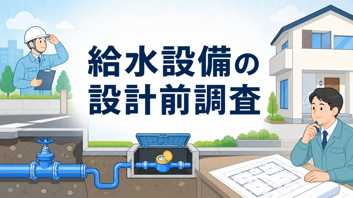 給水設備の設計前調査を道路下の配水管、メーターボックス、建物、設計者で示すアイキャッチ