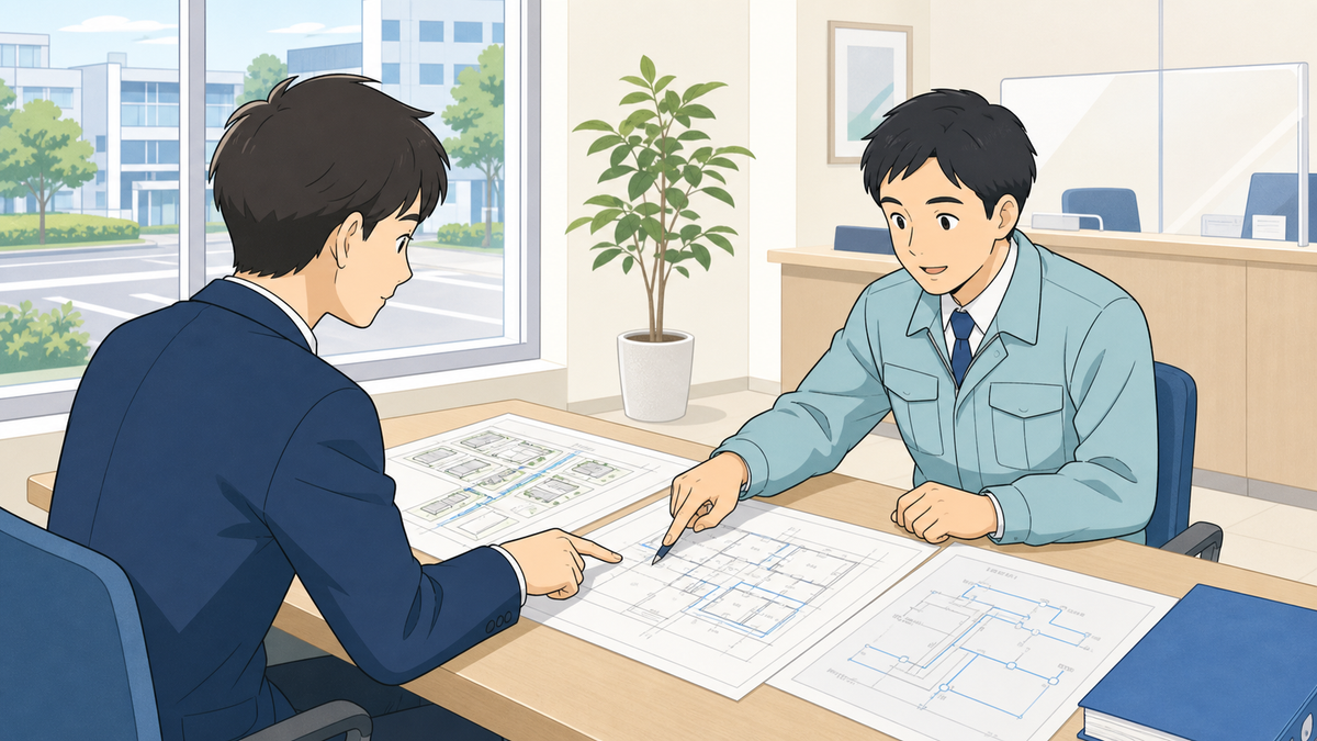 水道事業者の担当者と建築設計者が台帳と建物図面を照合する事前協議