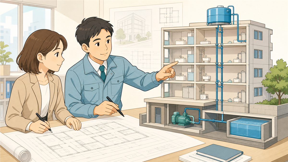 意匠設計者と設備設計者が受水槽・ポンプ室・高置水槽の位置を建物模型と図面で話し合う場面