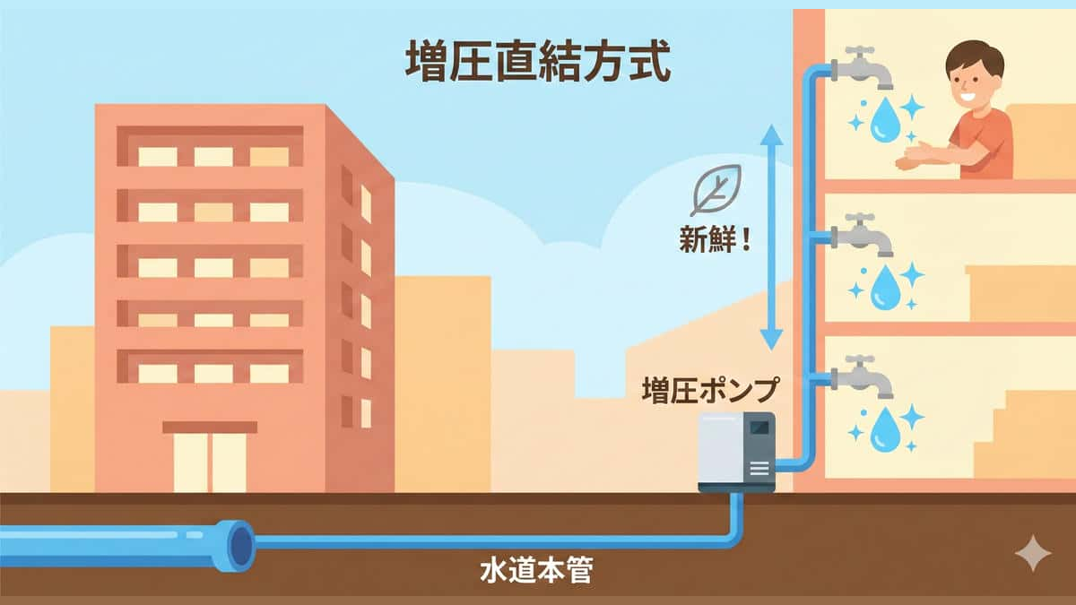 配水管の圧力に増圧ポンプの力を加えて各階へ給水する直結増圧方式のイラスト