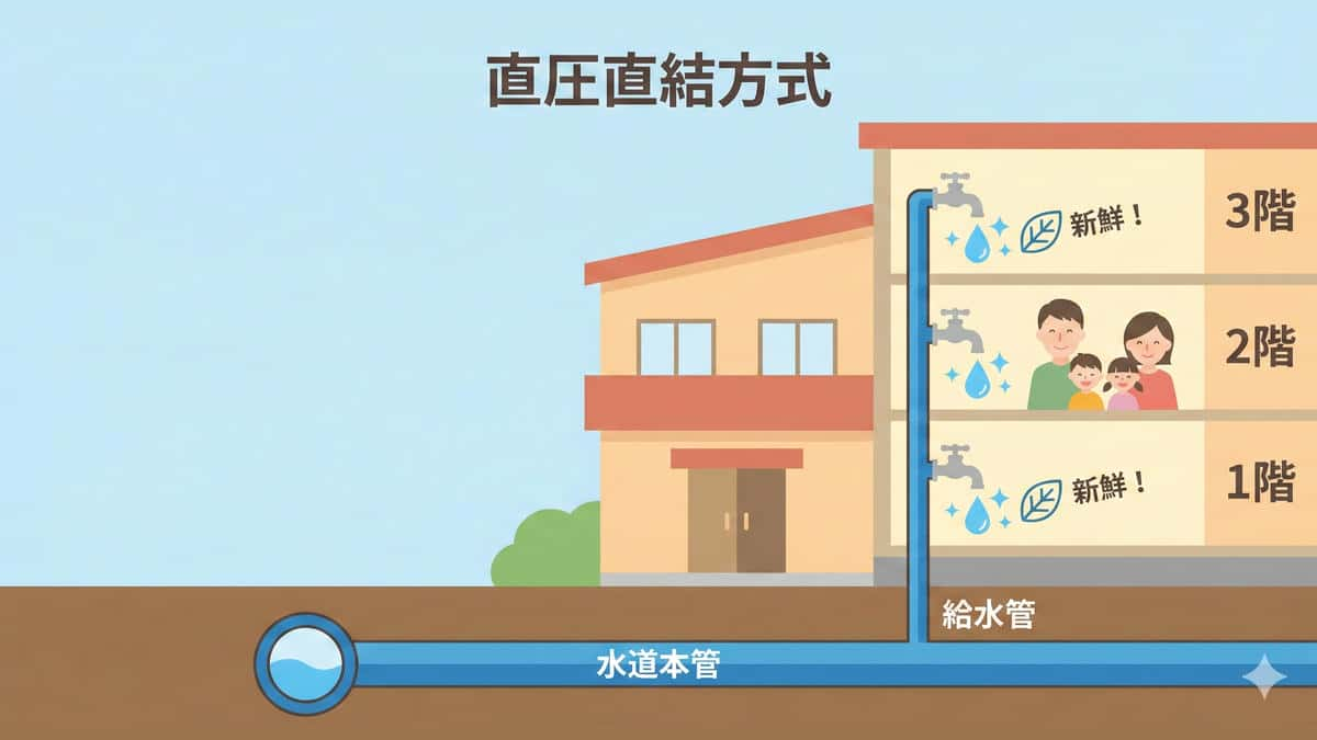 配水管の圧力で各階へ給水する直結直圧方式のイラスト