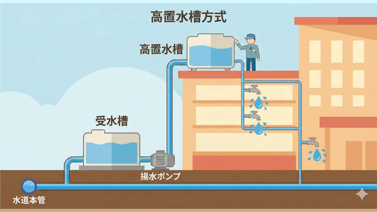 受水槽の水を揚水ポンプで屋上の高置水槽へ送り、重力で各階へ給水する高置水槽方式のイラスト