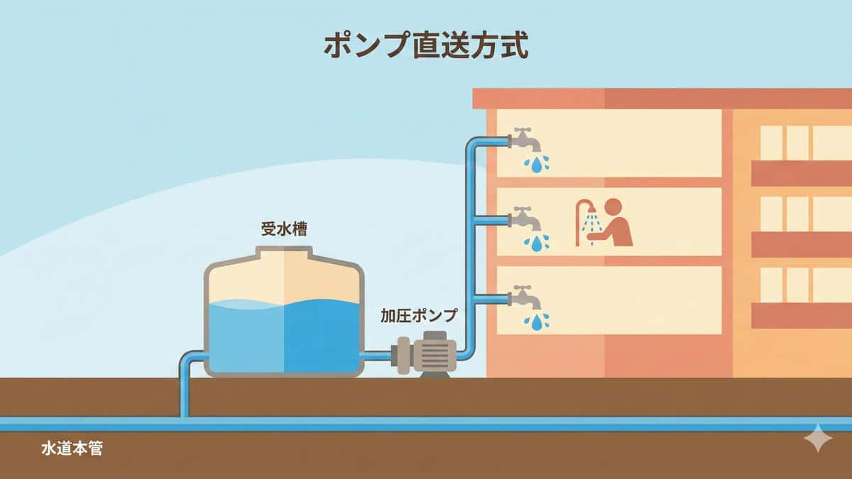 受水槽の水を給水ポンプで加圧して各階へ送るポンプ直送方式のイラスト