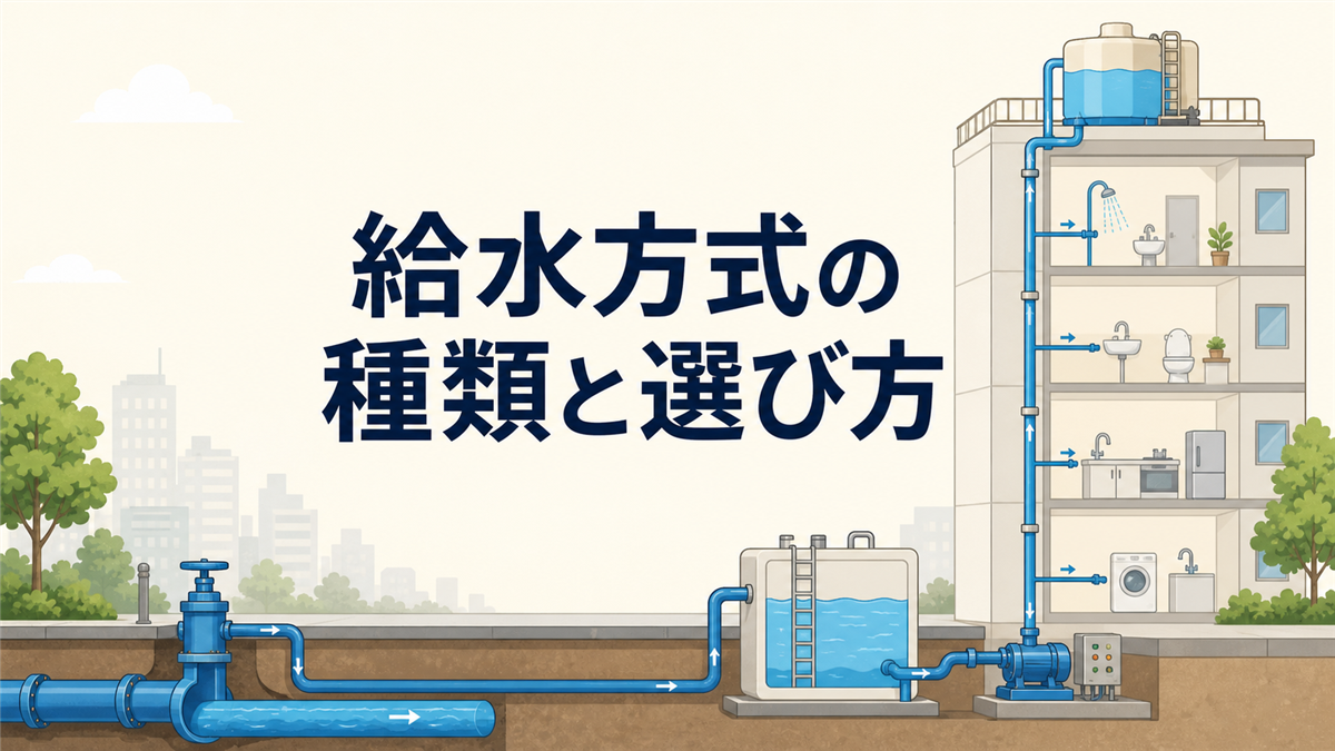 給水方式の種類と選び方を、給水本管・受水槽・ポンプ・高置水槽と建物断面で示したアイキャッチ