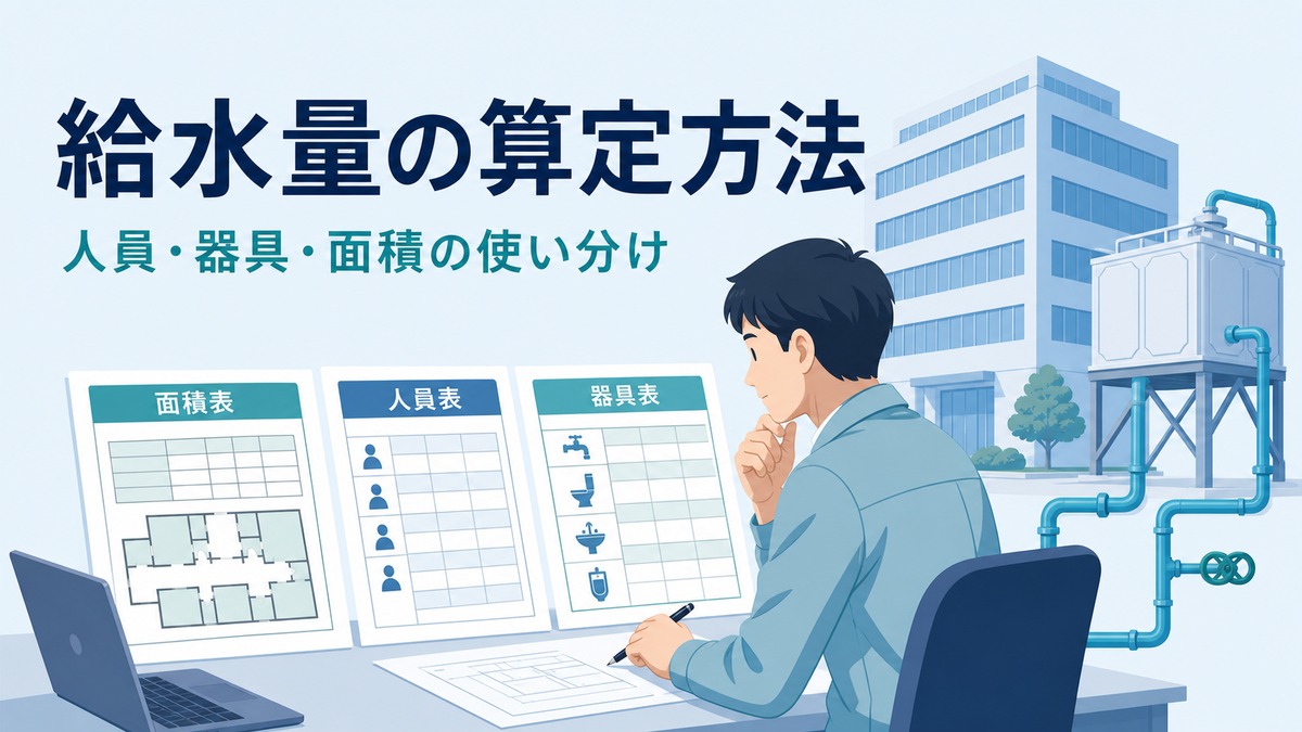 給水量の算定方法を面積表、人員表、器具表、建物、設計者で示すアイキャッチ