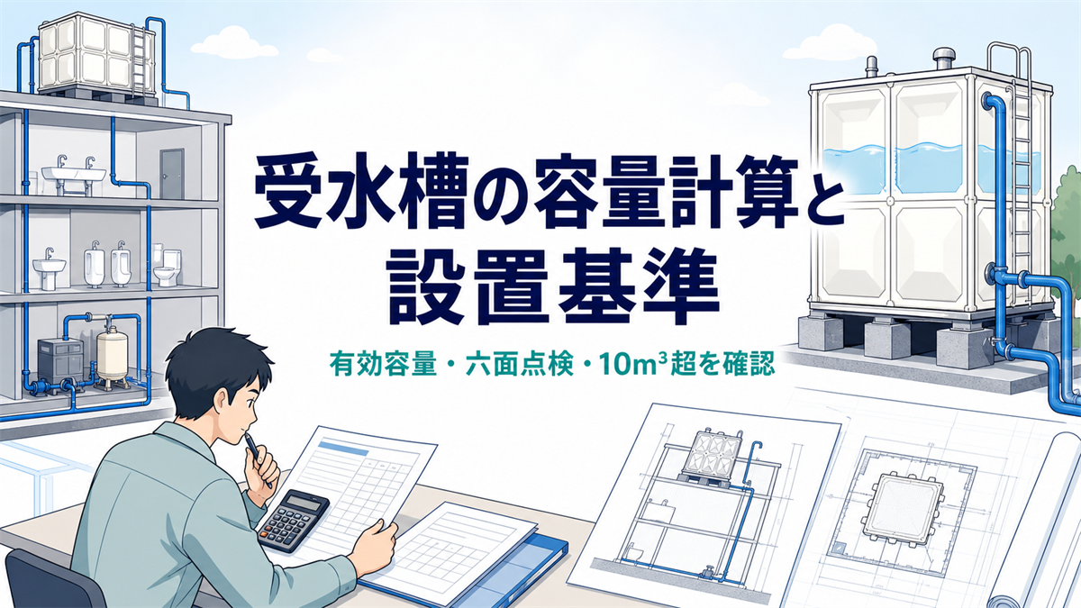 受水槽、容量計算書、平面図・断面図、設計者で受水槽の容量計算と設置基準を示すアイキャッチ