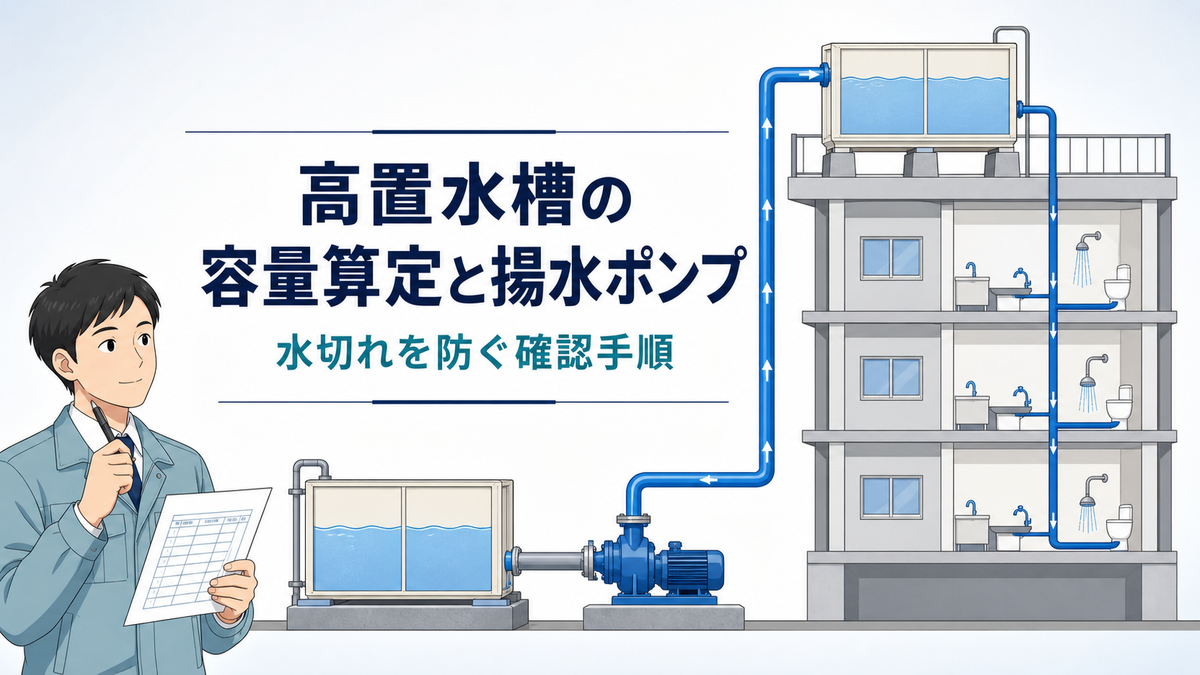 受水槽から揚水ポンプで屋上の高置水槽へ送り各階へ給水する建物断面と設計者