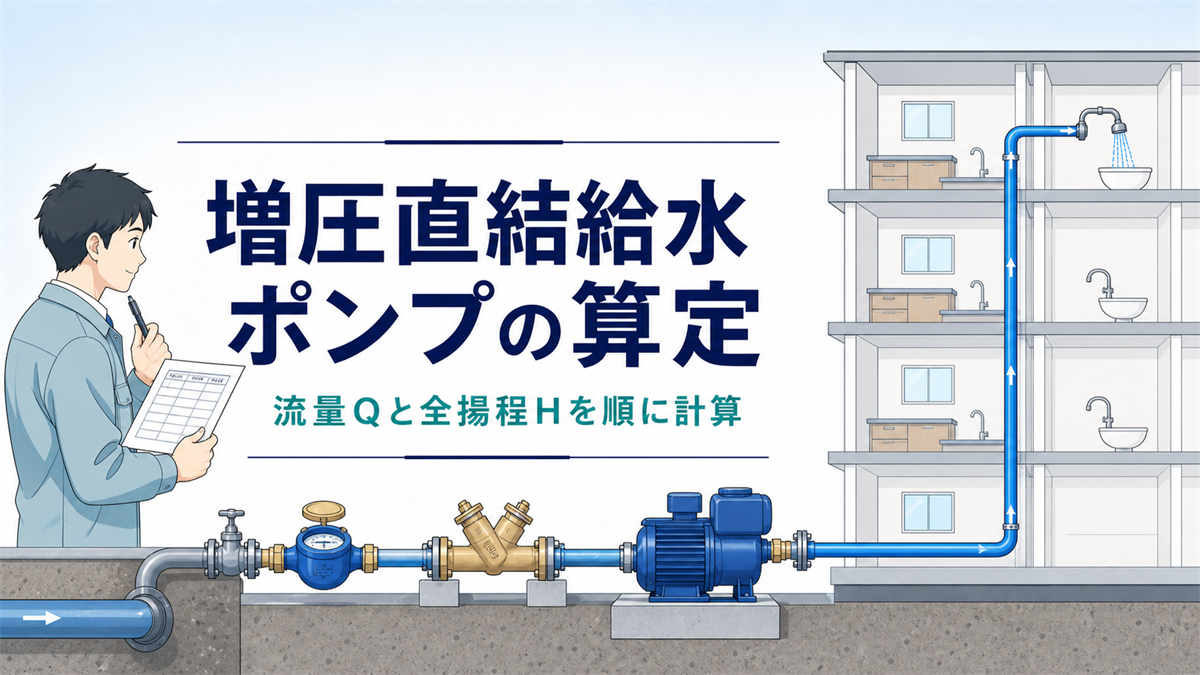 道路本管から量水器と逆流防止器、増圧ポンプを経て上階へ給水する設備と設計者