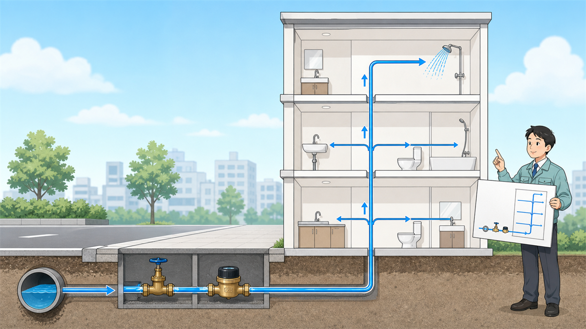 道路内配水管からメーターを通って低層建物の上階へ給水する直結直圧方式